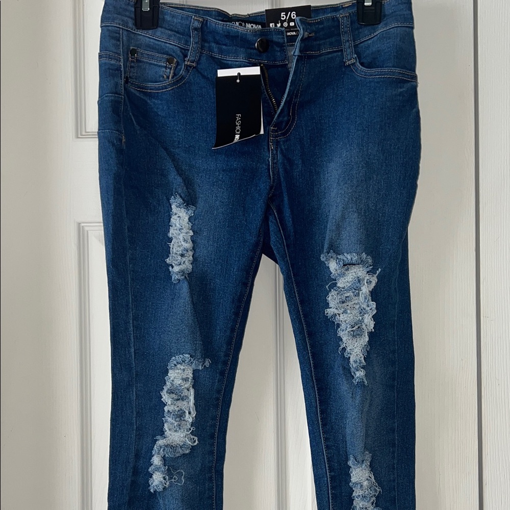 Fashion Nova Blue Distressed Skinny Jeans